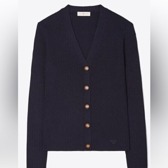 NWT Tory Burch ribbed Merino Wool cardigan in Navy size Medium - Picture 1 of 7